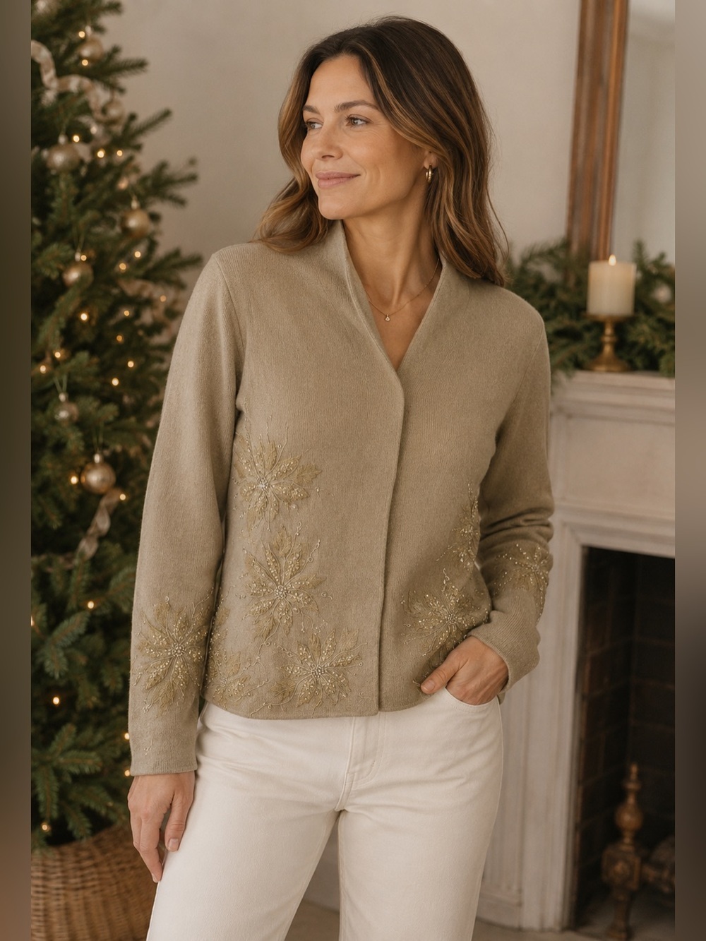 Talbots Beige 100% Wool Knit Cardigan Sweater Size S Embellished Holiday Neutral